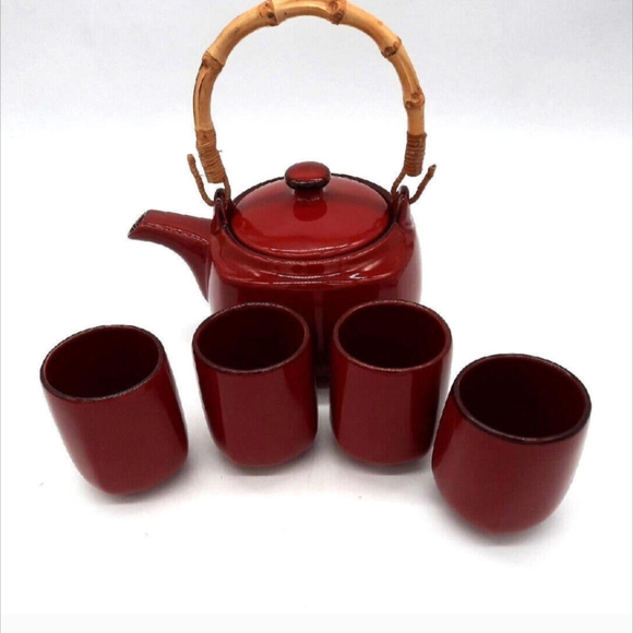 Southern Living At Home - Red Teapot and 4 Tea Cups